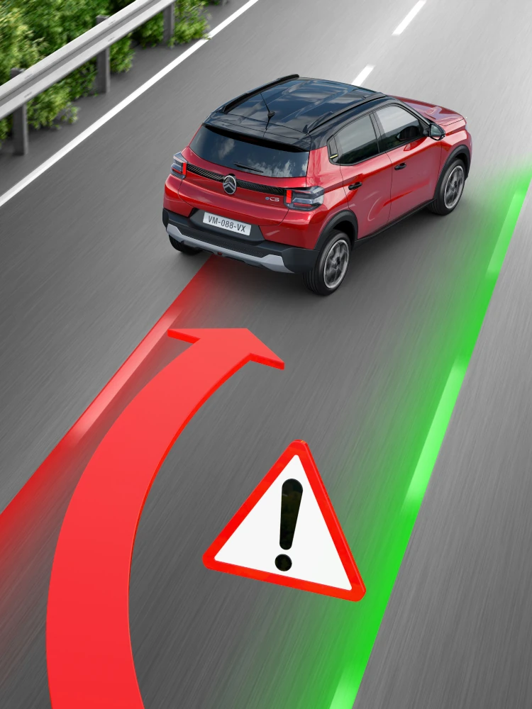 Rear driving view of Citroën C3 SUV showing lane‑keeping assist for safer, confident and affordable everyday mobility.