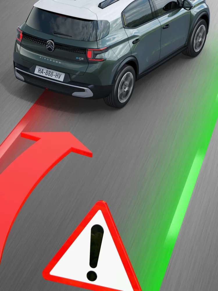 Rear road view of Citroën C3 Aircross SUV highlighting lane departure warning for safer, controlled and affordable mobility.