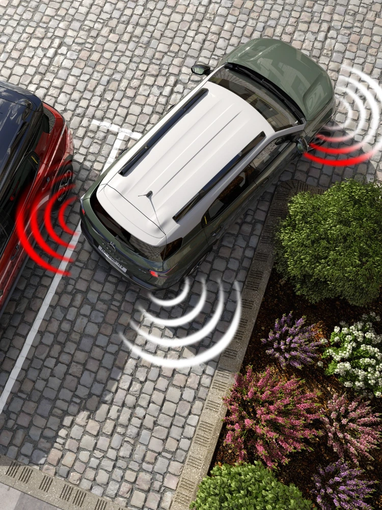 Top‑down parking view of Citroën C3 Aircross SUV illustrating obstacle detection for safer, easier and affordable everyday manoeuvres.