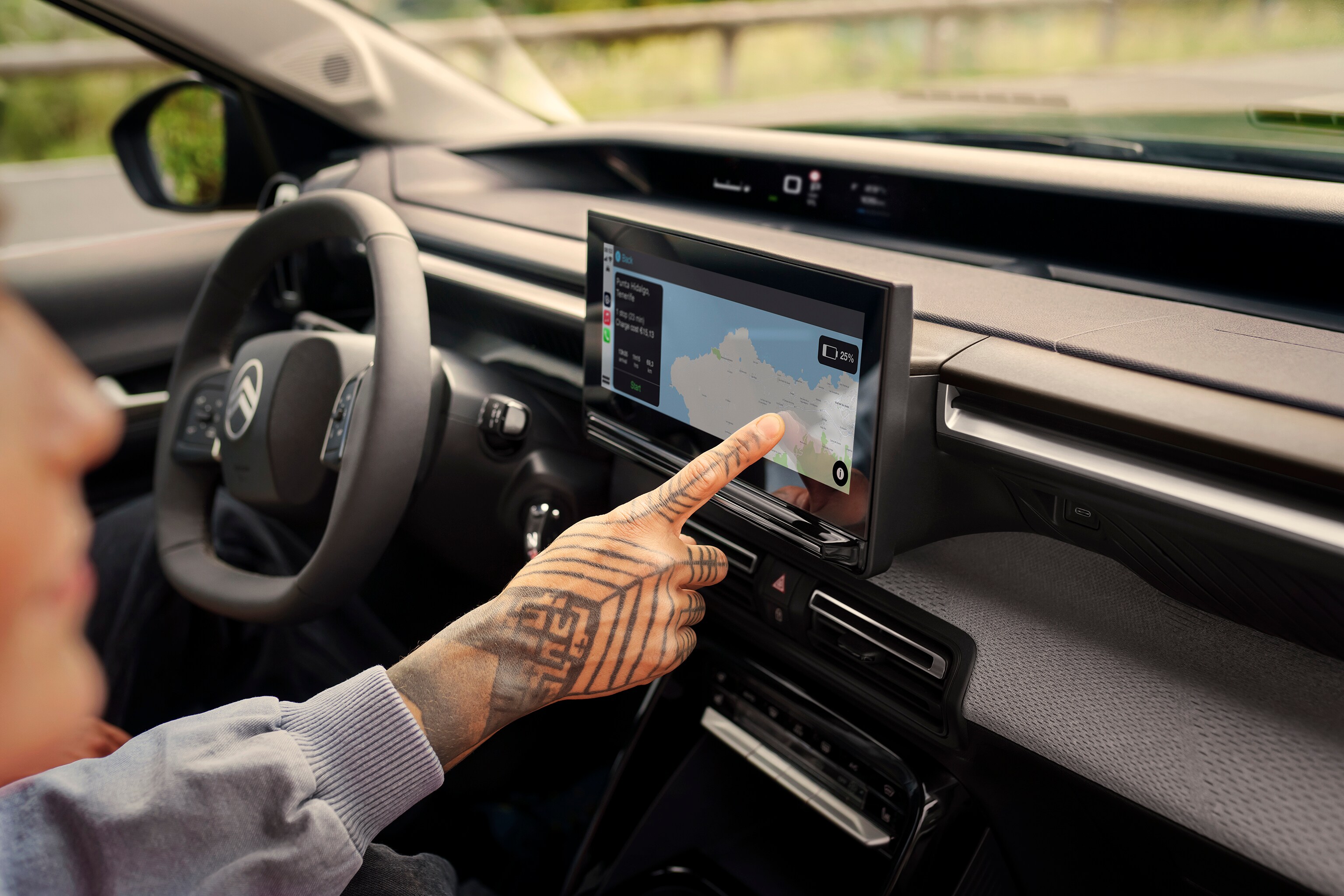 Interior touchscreen view of Citroën C3 Aircross SUV showing navigation system for intuitive, connected and affordable everyday driving.
