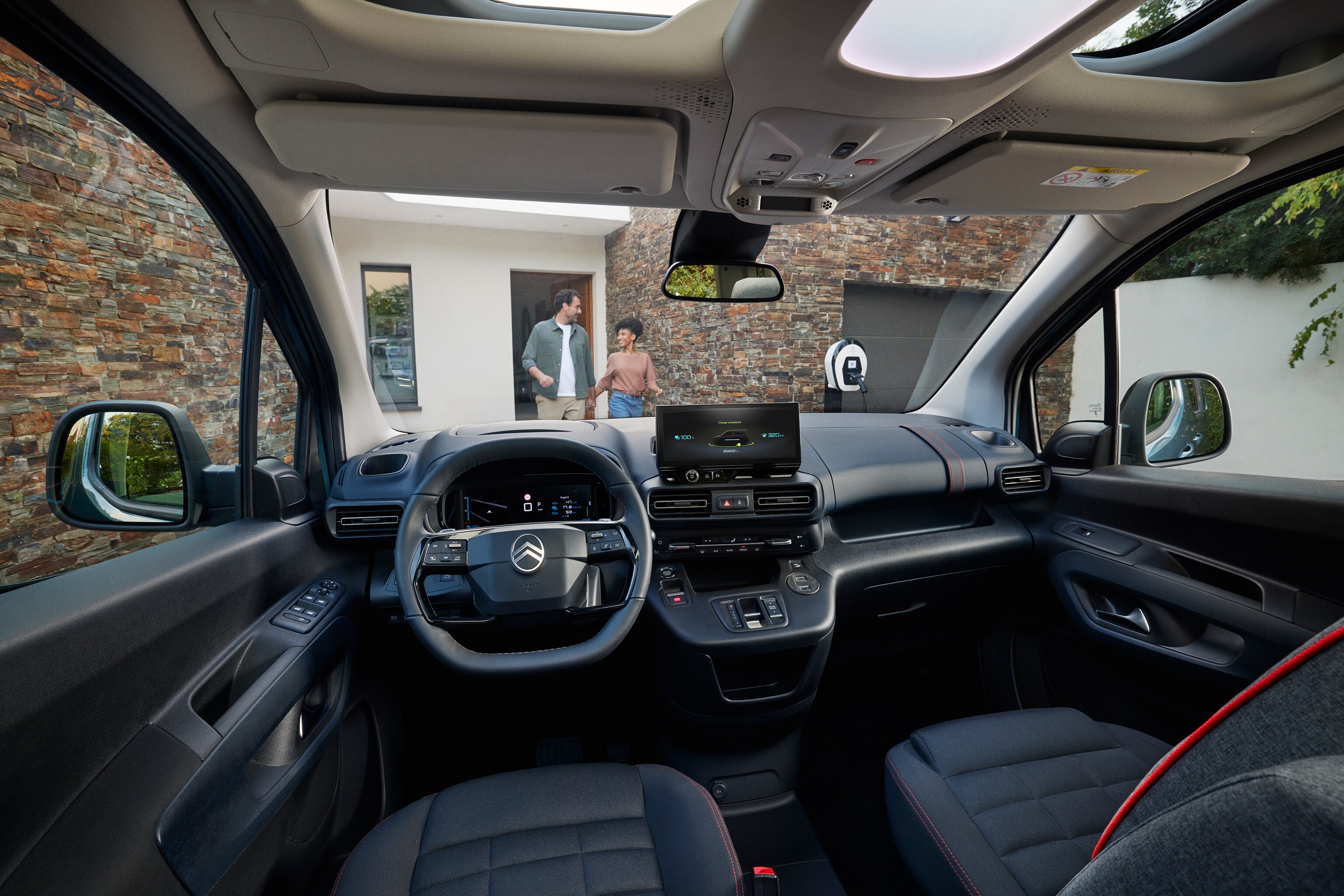 Front interior view Berlingo showing panoramic roof, comfort, space, connectivity and improved everyday driving experience